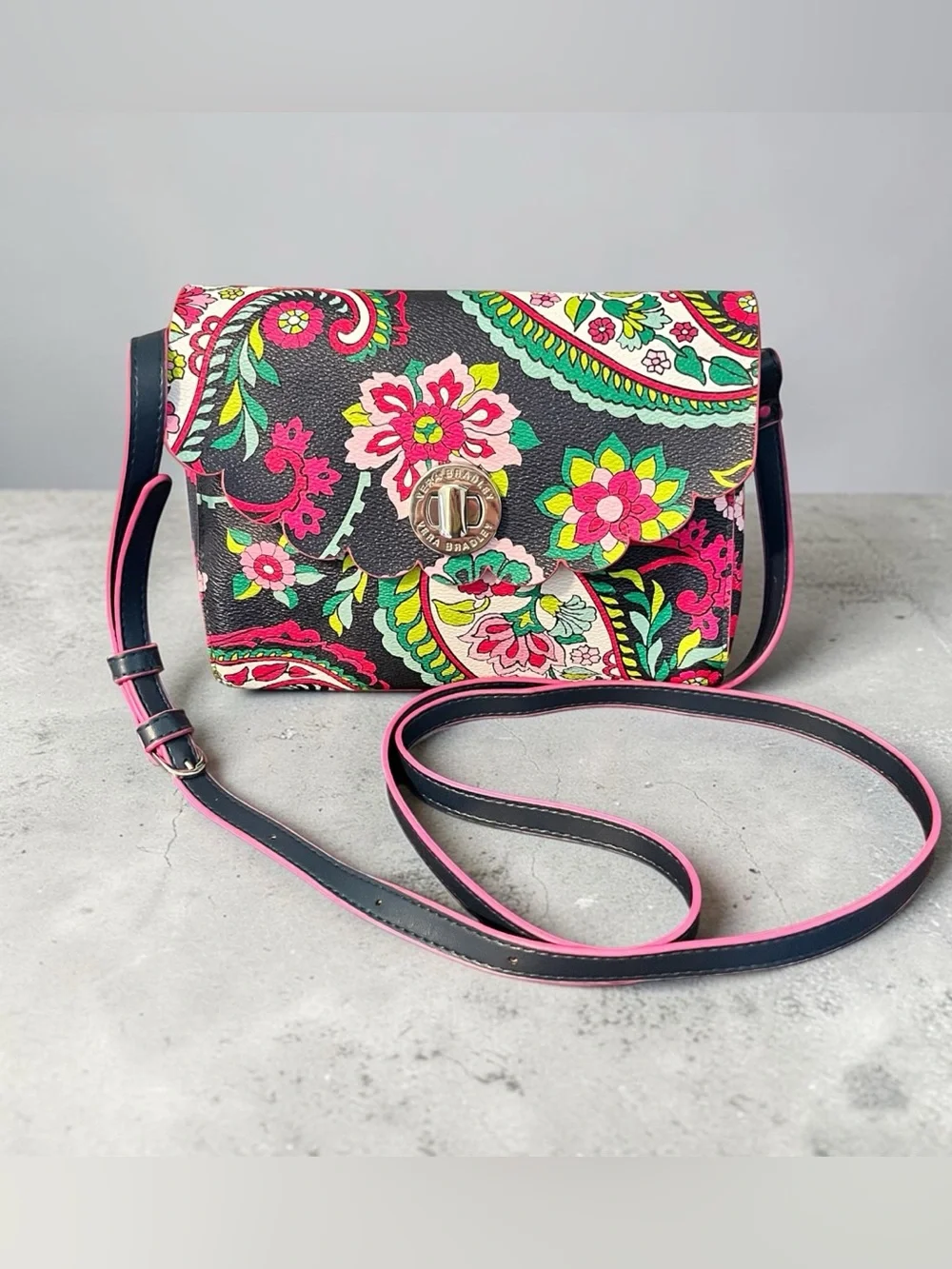 Vera Bradley Scalloped HipsterCrossbody with Pink & Green Floral Paisley Accents